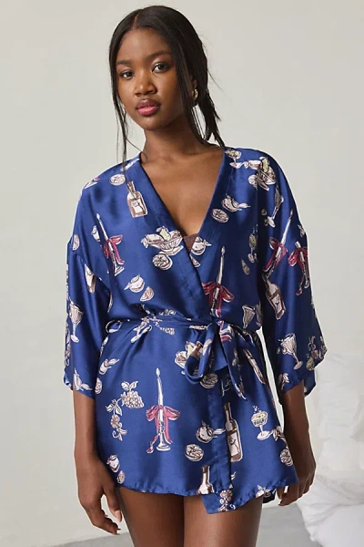 Out From Under Goodnight Kiss Satin Wrap Robe In Navy, Women's At Urban Outfitters In Blue