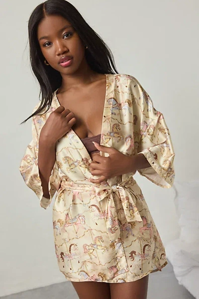 Out From Under Goodnight Kiss Satin Wrap Robe In Yellow, Women's At Urban Outfitters In Neutral