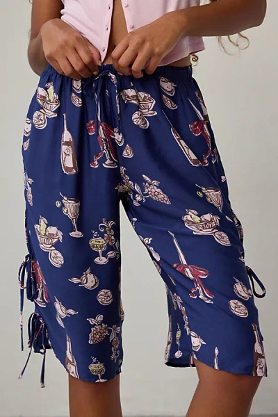 Out From Under Goodnight Kiss Side-tie Satin Long Pajama Short In Navy, Women's At Urban Outfitters In Blue