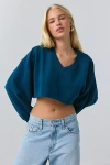 Out From Under Hang Back V-neck Long Sleeve Cropped Pullover In Dark Blue, Women's At Urban Outfitters