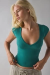 Out From Under Jade Seamless Knit Cutout Short Sleeve Tee In Dark Green, Women's At Urban Outfitters