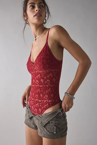 Out From Under Je T'aime Semi-sheer Flocked Mesh Bodysuit In Red, Women's At Urban Outfitters