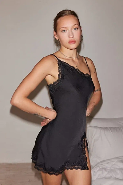 Out From Under Juliette Asymmetrical Satin Slip In Black At Urban Outfitters