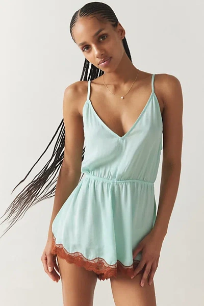 Out From Under Juliette Lacy Satin Romper In Turquoise, Women's At Urban Outfitters
