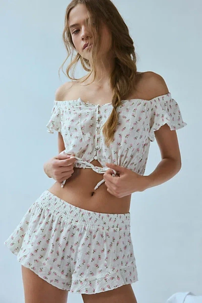 Out From Under Lilly Shirred Ruffle Micro Short In Ditsy Rose, Women's At Urban Outfitters In Ditsy Rose