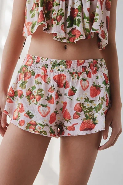 Out From Under Lilly Shirred Ruffle Micro Short In Strawberry Patches, Women's At Urban Outfitters In Strawberry Patches