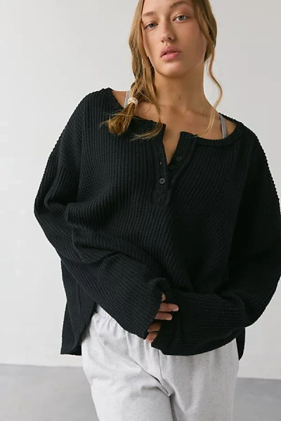 Out From Under Living The Dream Waffle Knit Long Sleeve Henley Tee In Black, Women's At Urban Outfitters