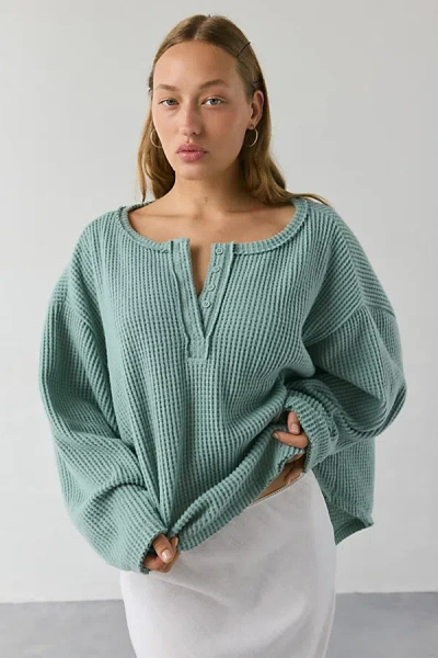Out From Under Living The Dream Waffle Knit Long Sleeve Henley Tee In Light Green, Women's At Urban Outfitters