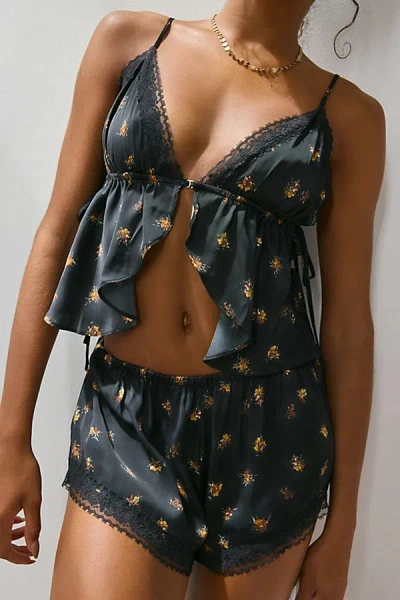 Out From Under Lola Satin Flyaway Cami & Micro Short Set In Black Sprinkle, Women's At Urban Outfitters