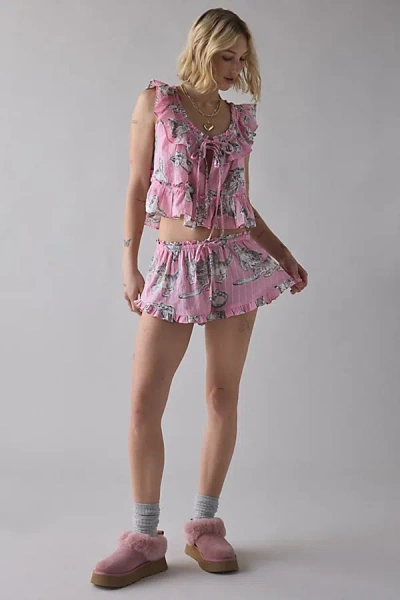 Out From Under Love Letters Ruffle Babydoll Top + Micro Short Pj Set In Pink Combo, Women's At Urban Outfitters In Blue