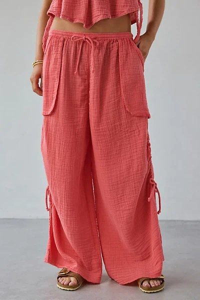 Out From Under Ocean Air Cinched Wide-leg Gauze Pant In Coral, Women's At Urban Outfitters In Coral