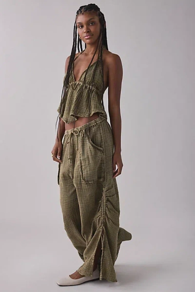 Out From Under Ocean Air Cinched Wide-leg Gauze Pant In Olive, Women's At Urban Outfitters