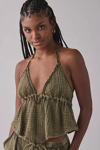 Out From Under Ocean Air Gauze Halter Babydoll Cami In Olive, Women's At Urban Outfitters
