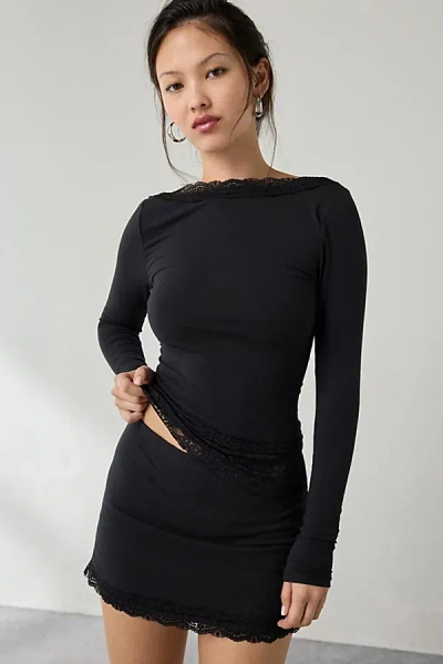 Out From Under Our From Under Bec Lace Trim Low-back Long Sleeve Top In Black, Women's At Urban Outfitters