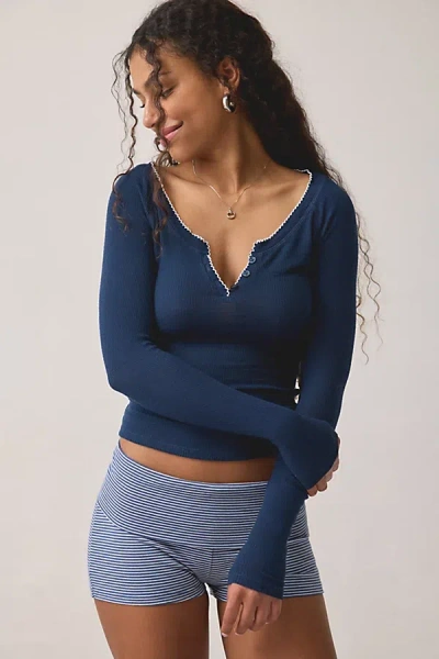 Out From Under Regina Ribbed Picot Trim Long Sleeve Henley Top In Blue, Women's At Urban Outfitters