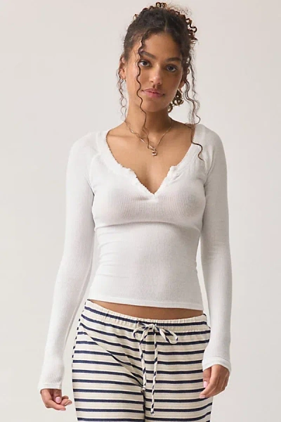 Out From Under Regina Ribbed Picot Trim Long Sleeve Henley Top In White, Women's At Urban Outfitters