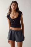 Out From Under Sally Square Neck Seamless Knit Henley Tee In Black, Women's At Urban Outfitters