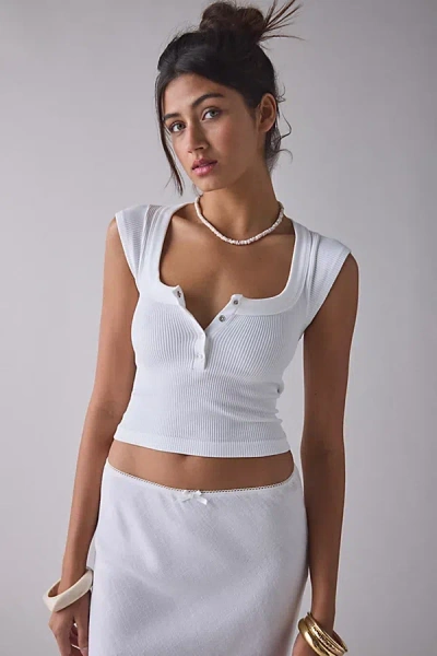 Out From Under Sally Square Neck Seamless Knit Henley Tee In White, Women's At Urban Outfitters