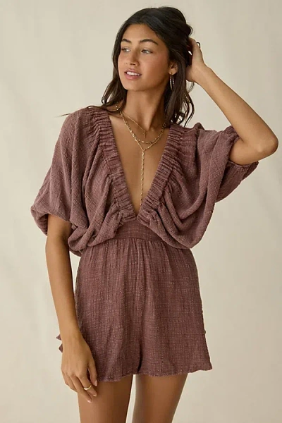Out From Under Sandy Beach Plunging Short Sleeve Romper In Brown, Women's At Urban Outfitters