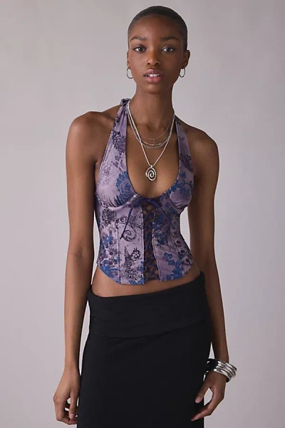 Out From Under Sasha Lace-up Plunging Halter Neck Corset Top In Purple, Women's At Urban Outfitters In Blue