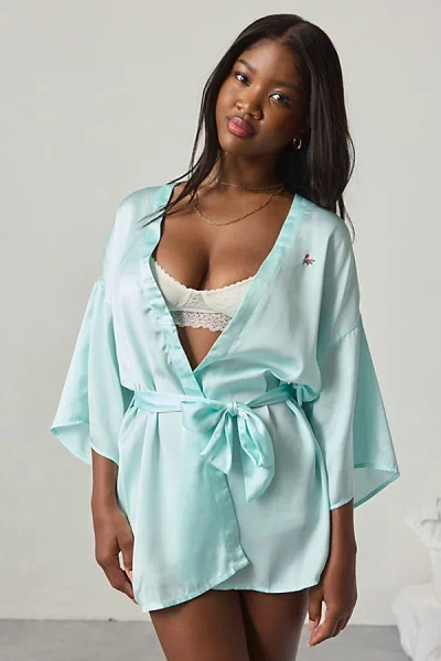Out From Under Satin Dream Embroidered Robe In Turquoise, Women's At Urban Outfitters In Blue