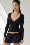 Out From Under Soft Touch Plunging Lace Trim Long Sleeve Top In Black, Women's At Urban Outfitters In Black