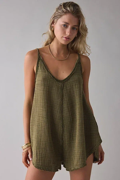 Out From Under Solace Overdyed Cotton Gauze Romper In Olive, Women's At Urban Outfitters