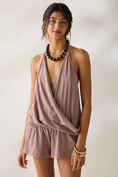Out From Under Summer Love Plunging Halter Romper In Cinnamon, Women's At Urban Outfitters In Brown