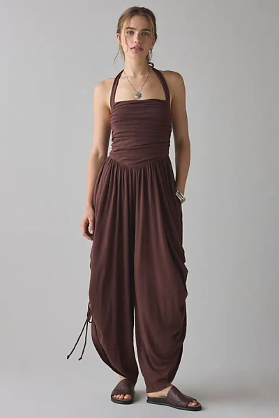 Out From Under Sunkissed Ruched Barrel Leg Jumpsuit In Chocolate, Women's At Urban Outfitters