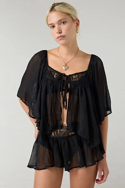Out From Under Sweet Like Honey Sheer Lace Trim 2-piece Set Top In Black, Women's At Urban Outfitters