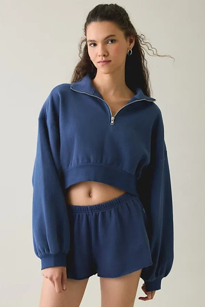 Out From Under Take It Easy Cropped Quarter Zip Pullover Top In Blue Ground, Women's At Urban Outfitters