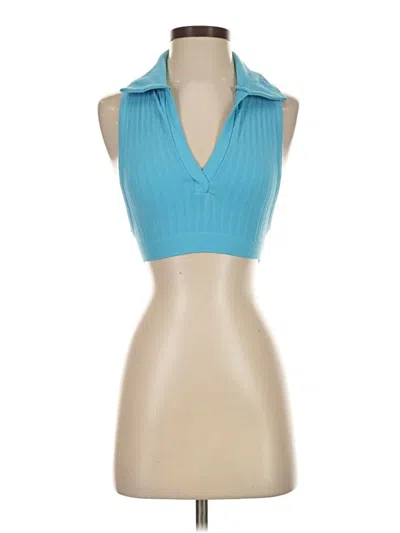 Pre-owned Out From Under Tank Top Blue Solid Pattern Halter Neckline Tops