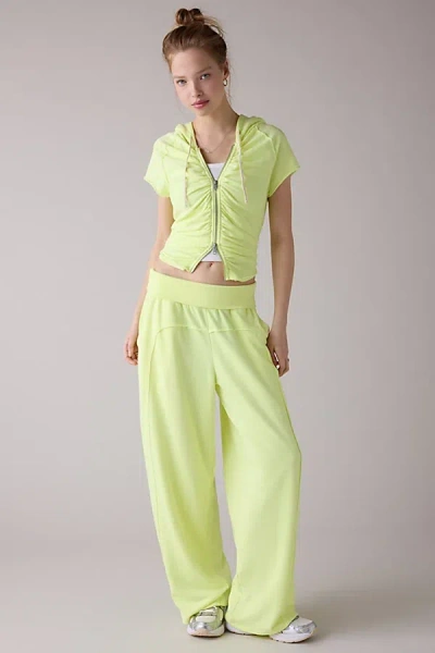 Out From Under Tear It Up Terry Knit Short Sleeve Zip-up Hoodie Sweatshirt In Citron, Women's At Urban Outfitters In Green