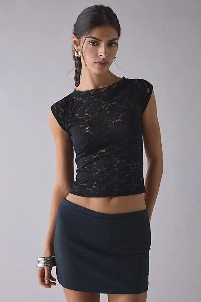 Out From Under Tessa Sheer Lace Short Sleeve Boatneck Tee In Black, Women's At Urban Outfitters