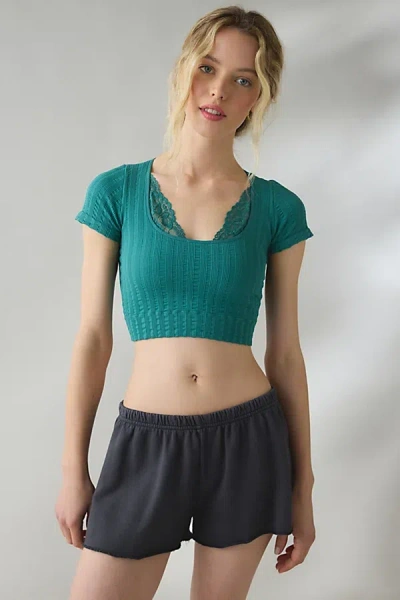 Out From Under Thalia Seamless Knit Lace Trim Crop Tee In Dark Turquoise, Women's At Urban Outfitters In Green