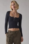 Out From Under Tripp Waffle Knit Long Sleeve Henley Top In Charcoal, Women's At Urban Outfitters In Brown