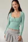 Out From Under Tripp Waffle Knit Long Sleeve Henley Top In Light Green, Women's At Urban Outfitters In Green