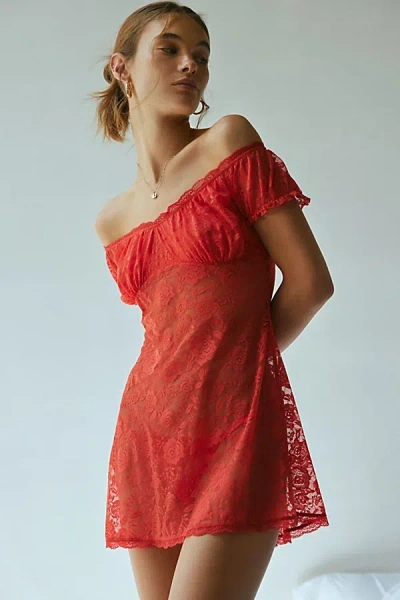 red lace dress urban outfitters Out From Under Velma Lace Off-the-shoulder Dress In Red, Women's At Urban  Outfitters