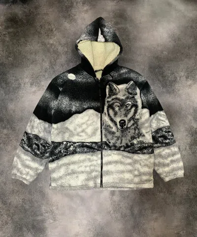 Pre-owned Outdoor Life X Vintage Wolf All Over Print Hooded Fleece Jacket In Black/white