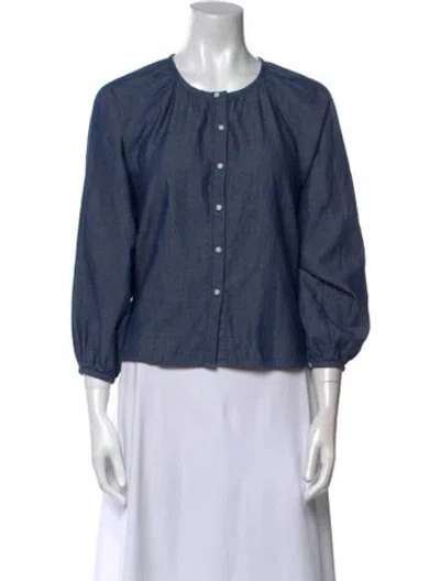 Pre-owned Outerknown Crew Neck Three-quarter Sleeve Button-up Top In Blue