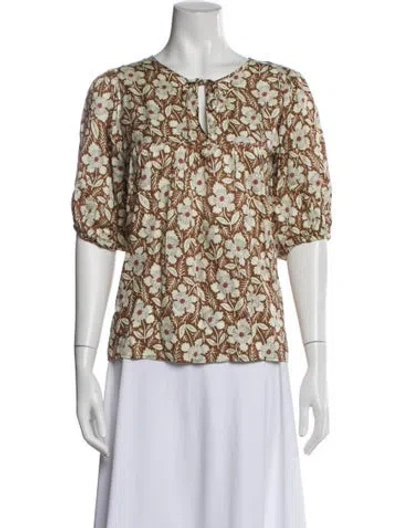 Pre-owned Outerknown Floral Print Tie Neck Top In Multi