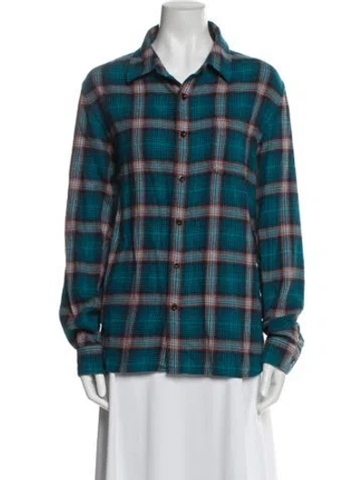 Pre-owned Outerknown Plaid Print Long Sleeve Button-up Top In Blue