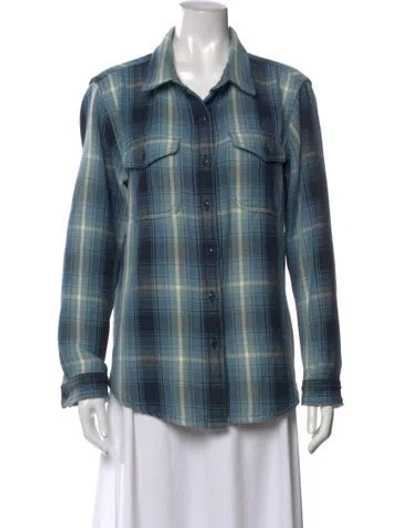 Pre-owned Outerknown Plaid Print Long Sleeve Button-up Top In Blue