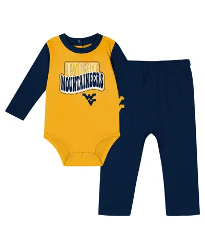 OUTERSTUFF BABY BOYS AND GIRLS 2-PIECE WEST VIRGINIA MOUNTAINEERS DOUBLE UP LONG SLEEVE BODYSUIT AND PANTS SET