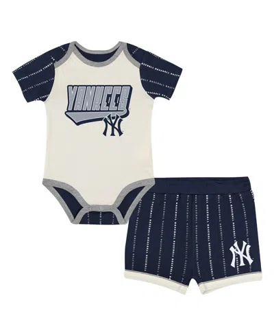 Outerstuff Baby Boys And Girls 2-piece White/navy New York Yankees Lead Run Diaper Cover Bodysuit And Shorts Se In Blue