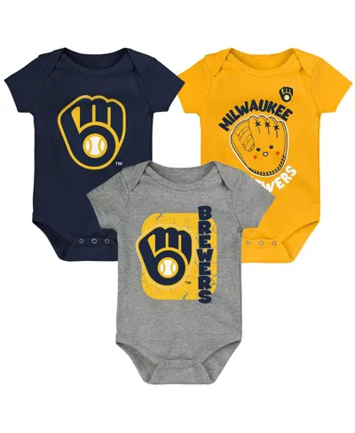 Outerstuff Kids' Baby Boys And Girls 3-pack Navy/gold/gray Milwaukee Brewers Change Up Bodysuit Set In Multi