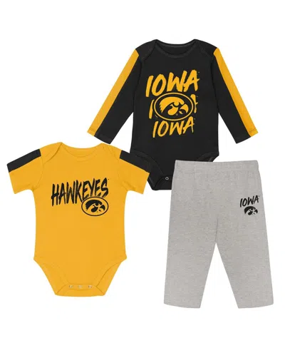Outerstuff Kids' Baby Boys And Girls 3-piece Black/gold Iowa Hawkeyes Double Down Creeper And Pants Set In Multi