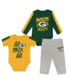 Outerstuff Baby Boys And Girls 3-piece Green/gold Green Bay Packers Double Down Creeper And Pants Set In Multi