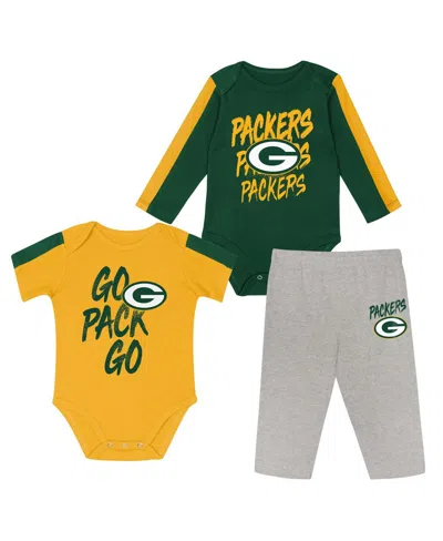 Outerstuff Baby Boys And Girls 3-piece Green/gold Green Bay Packers Double Down Creeper And Pants Set In Multi