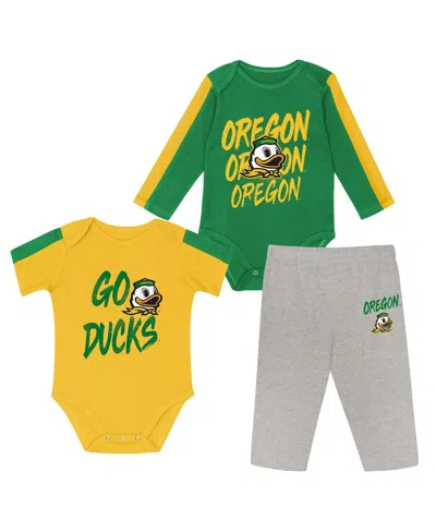 Outerstuff Kids' Baby Boys And Girls 3-piece Green/yellow Oregon Ducks Double Down Bodysuit And Pants Set In Animal Print